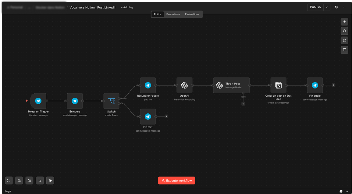 Workflow d'automatisation n8n pour transformer un message vocal Telegram en post LinkedIn via OpenAI et Notion