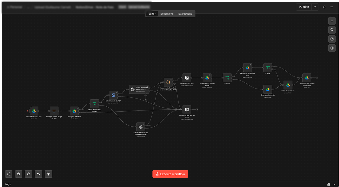 Workflow d'automatisation n8n pour le tri des notes de frais vers Google Drive et Notion