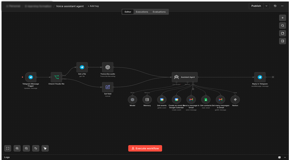 Workflow n8n d'un agent IA assistant connecté à Telegram, Google Calendar, Gmail et Notion