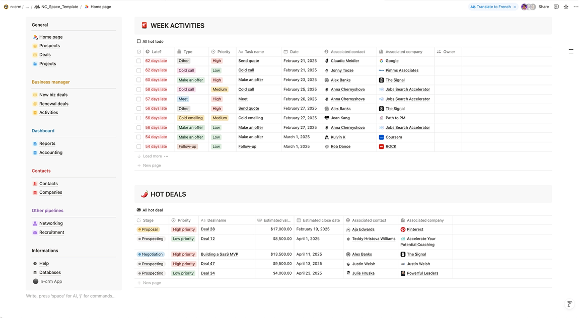 Tableau de bord CRM intelligent et gestion d'activité sur Notion