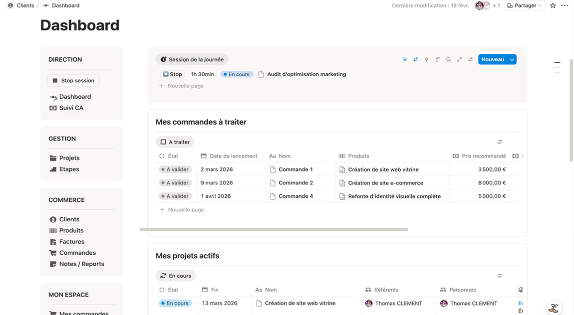 Tableau de bord de gestion des commandes et projets automatisés sur Notion