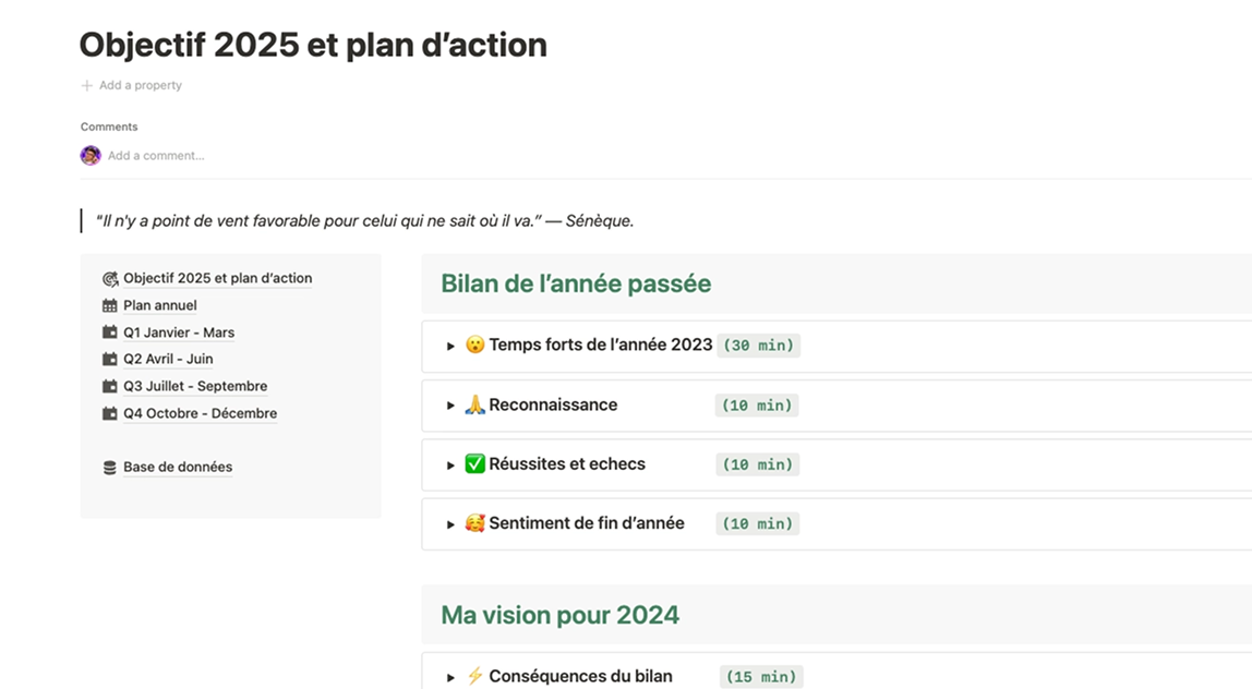 Espace de bilan annuel et planification par trimestres sur Notion