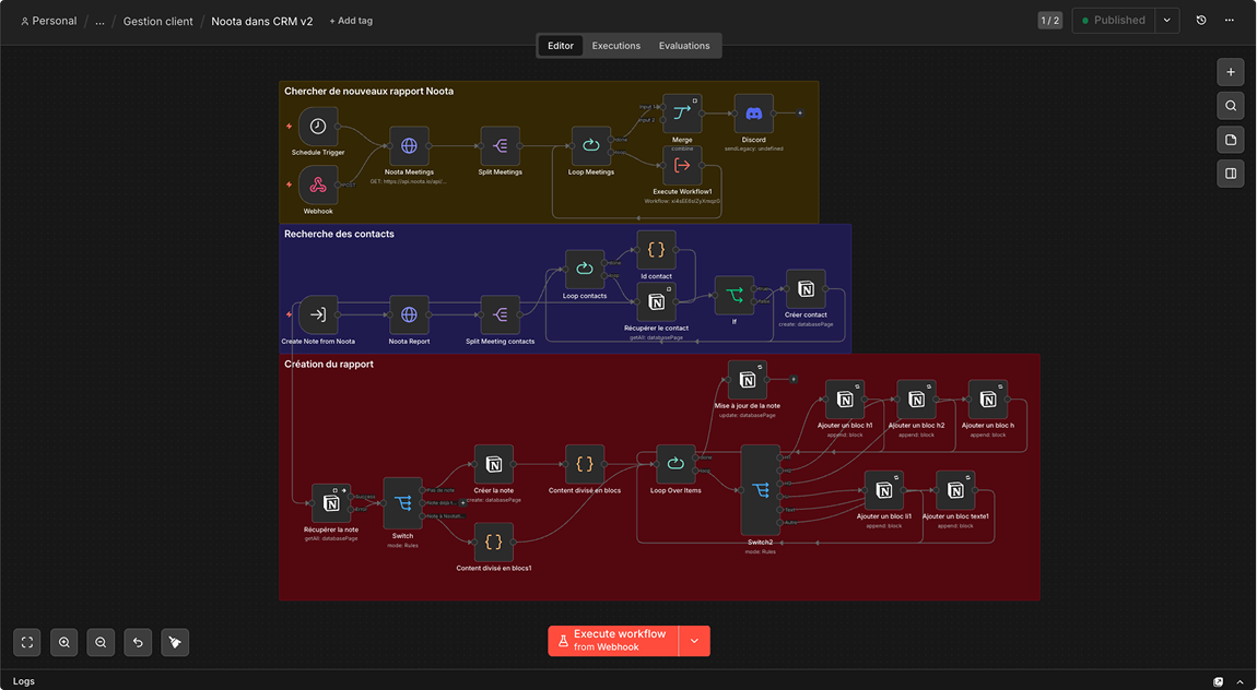 Workflow d'automatisation n8n pour l'intégration des rapports de réunion Noota vers Notion